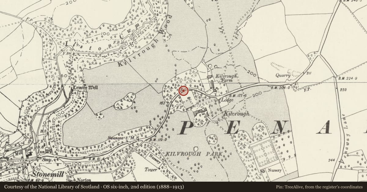 Ordnance Survey six-inch map, 2nd edition (1888–1913) covering the location of Boundary wall at Kilvrough Manor, Pennard, Swansea, with a pin at the register's coordinates
