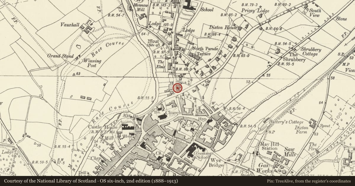Ordnance Survey six-inch map, 2nd edition (1888–1913) covering the location of Sanroyd House, Monmouth, Monmouthshire, with a pin at the register's coordinates