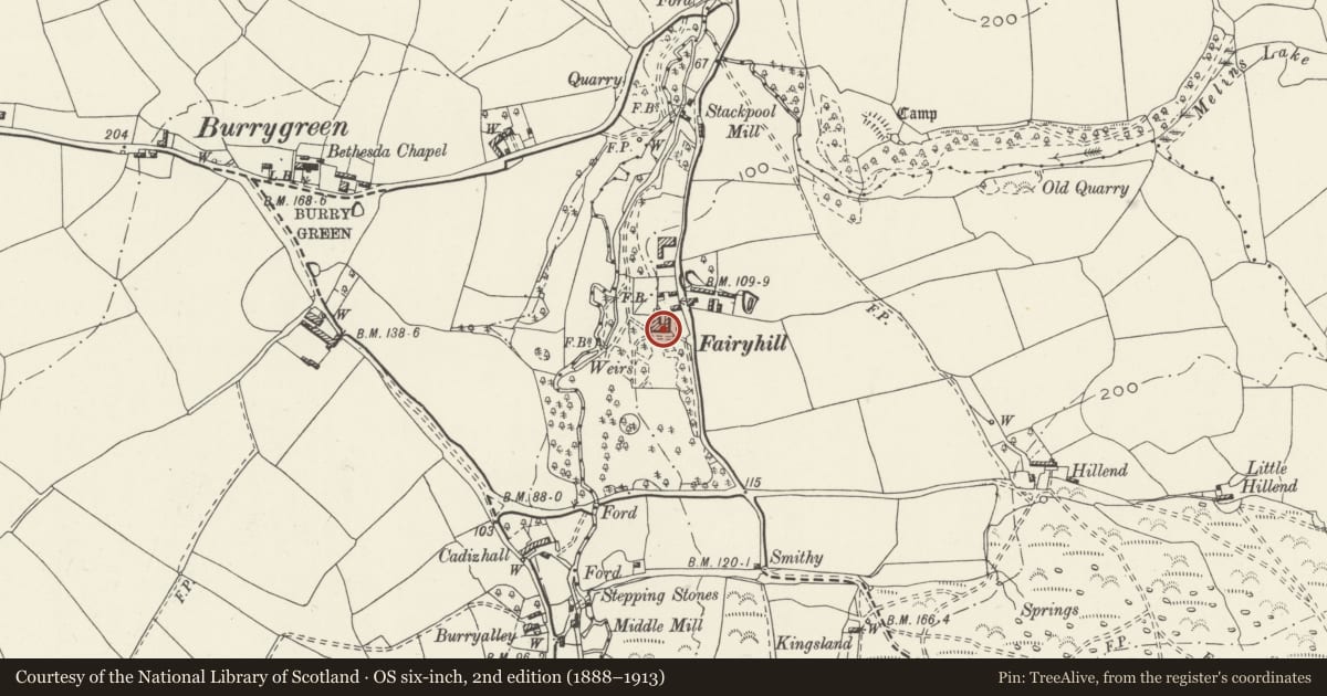 Ordnance Survey six-inch map, 2nd edition (1888–1913) covering the location of Fairy Hill House, Reynoldston, Swansea, with a pin at the register's coordinates