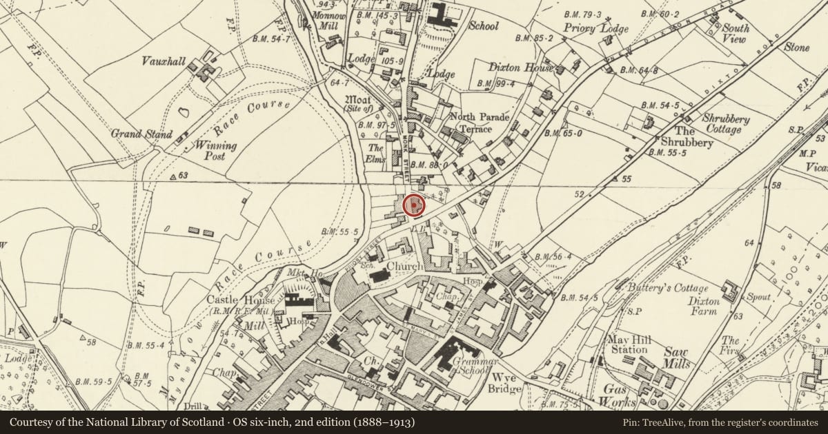 Ordnance Survey six-inch map, 2nd edition (1888–1913) covering the location of The Gatehouse, Monmouth, Monmouthshire, with a pin at the register's coordinates