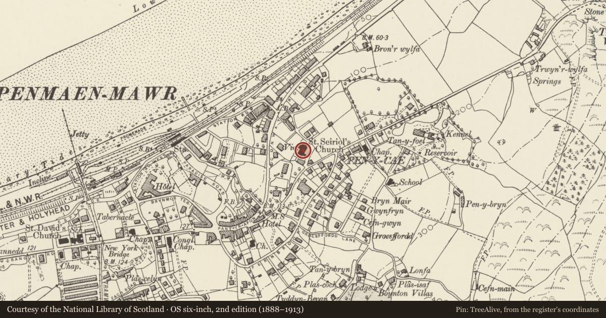 Ordnance Survey six-inch map, 2nd edition (1888–1913) covering the location of Church of St Seiriol, Penmaenmawr, Conwy, with a pin at the register's coordinates