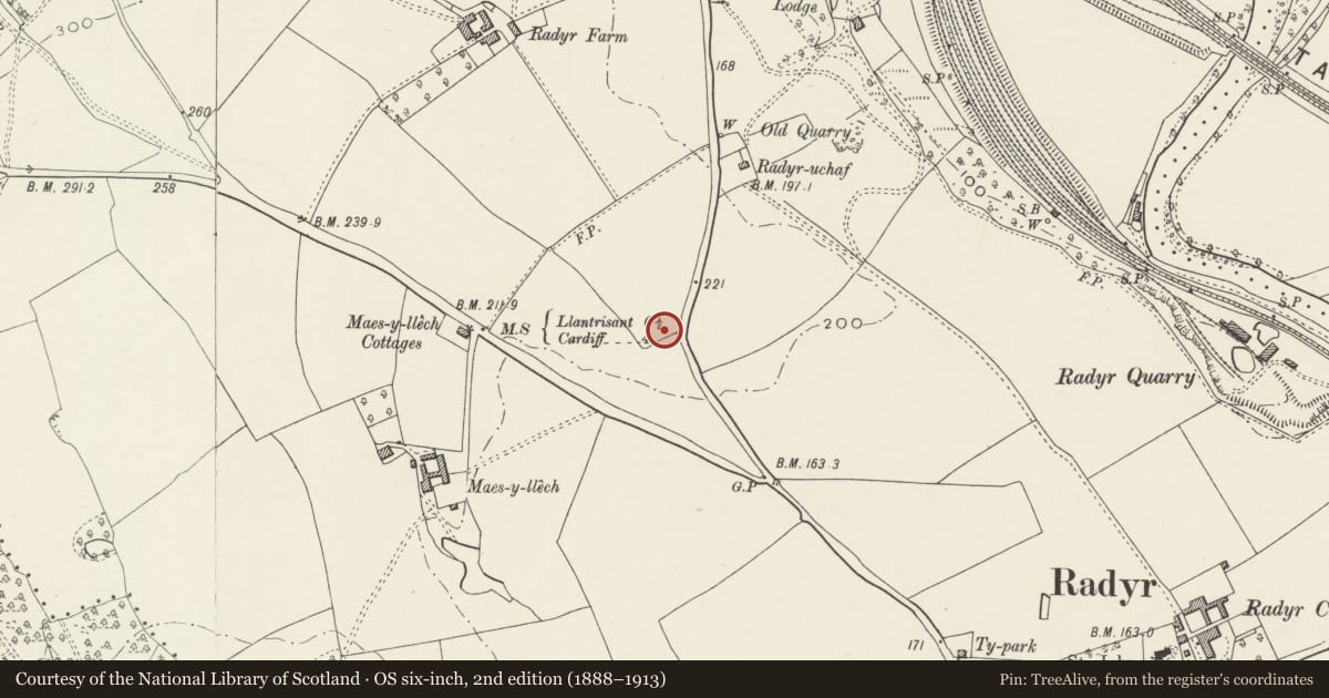 Ordnance Survey six-inch map, 2nd edition (1888–1913) covering the location of The Thatch, Radyr and Morganstown, Cardiff, with a pin at the register's coordinates