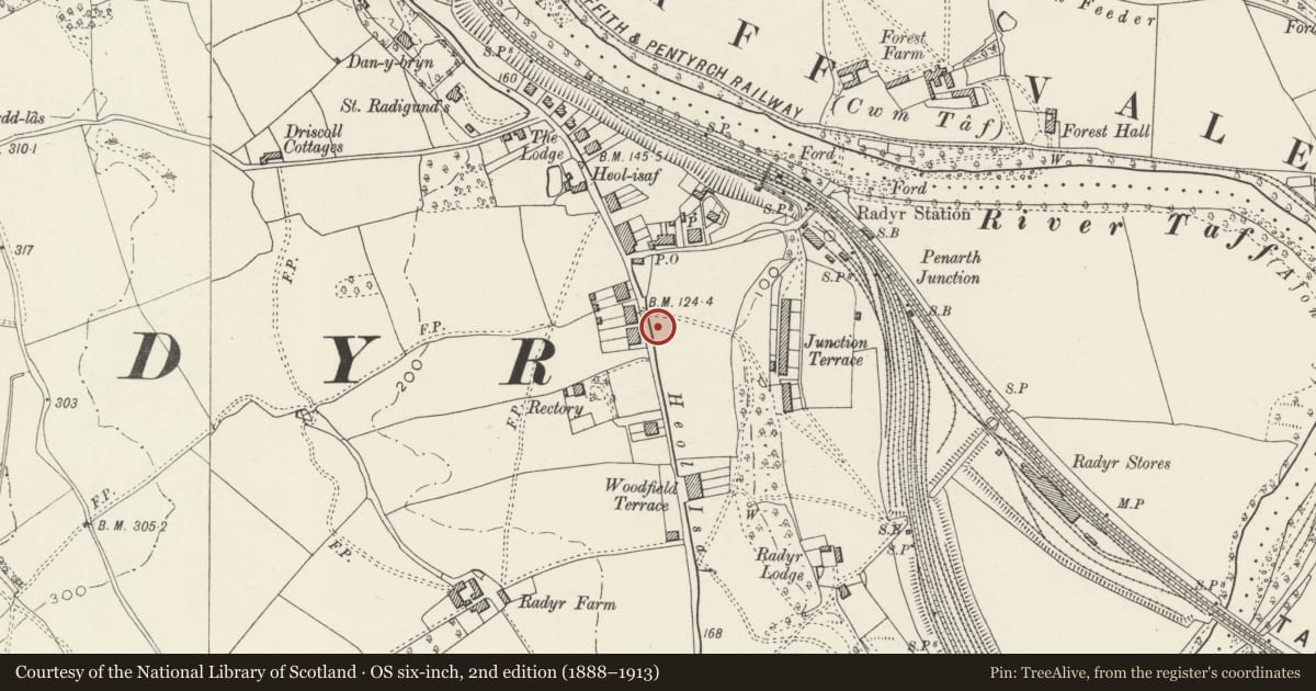 Ordnance Survey six-inch map, 2nd edition (1888–1913) covering the location of War Memorial, Radyr and Morganstown, Cardiff, with a pin at the register's coordinates