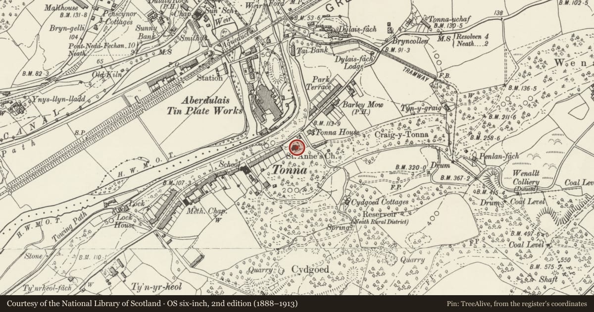 Ordnance Survey six-inch map, 2nd edition (1888–1913) covering the location of Church of St Anne, Tonna, Neath Port Talbot, with a pin at the register's coordinates