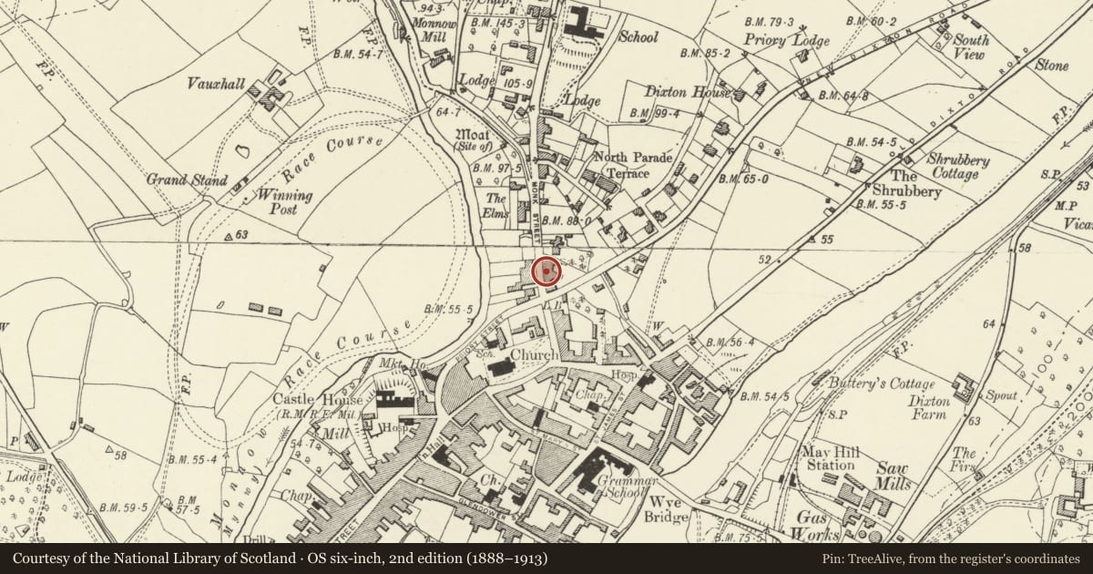 Ordnance Survey six-inch map, 2nd edition (1888–1913) covering the location of 13 Monk Street, Monmouth, Monmouthshire, with a pin at the register's coordinates
