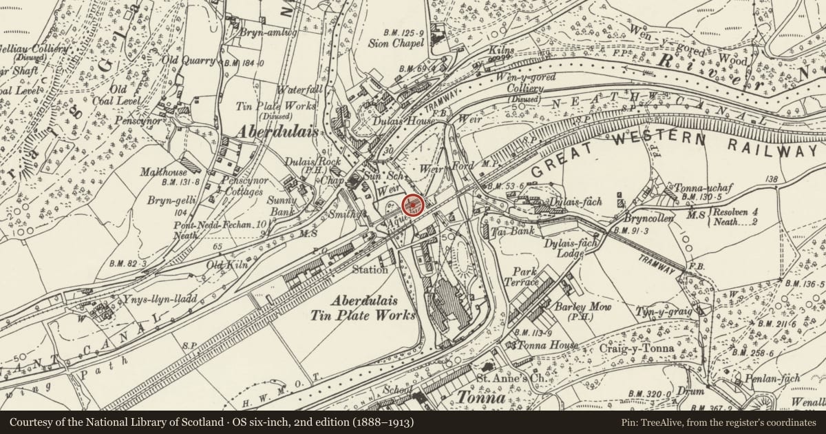 Ordnance Survey six-inch map, 2nd edition (1888–1913) covering the location of Aberdulais Aqueduct (partly in Blaenhonddan community), Tonna, Neath Port Talbot, with a pin at the register's coordinates