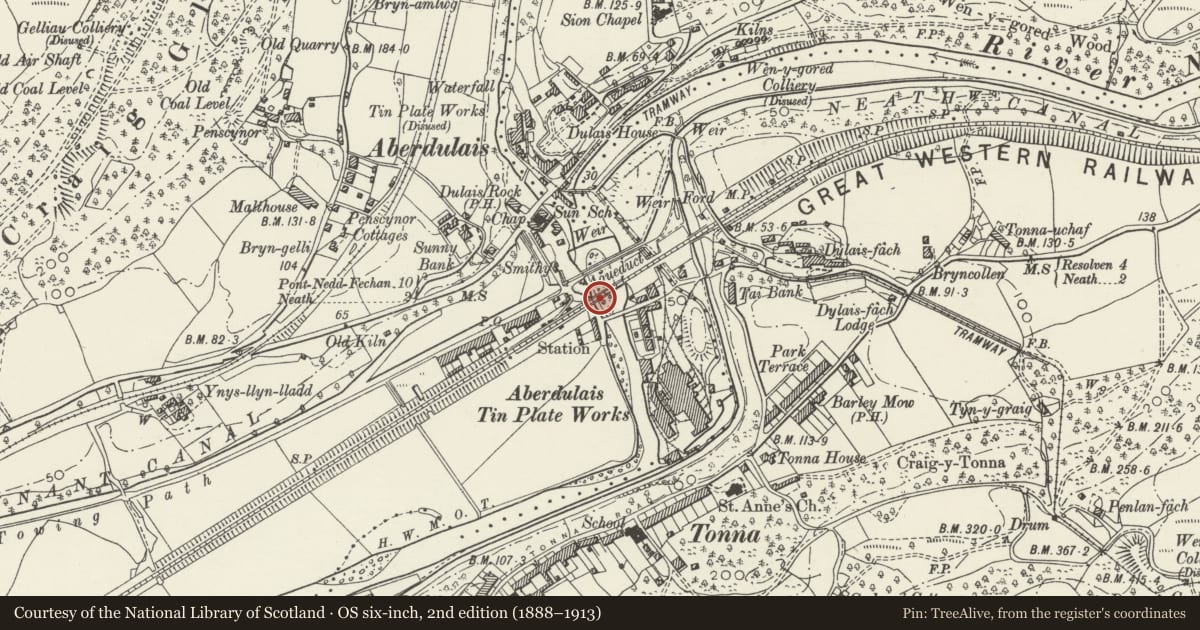 Ordnance Survey six-inch map, 2nd edition (1888–1913) covering the location of Aberdulais Viaduct (partly in Tonna community), Blaenhonddan, Neath Port Talbot, with a pin at the register's coordinates