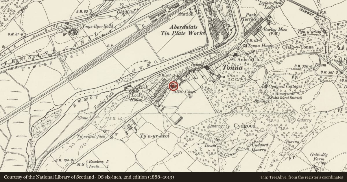 Ordnance Survey six-inch map, 2nd edition (1888–1913) covering the location of Nazareth Chapel, Tonna, Neath Port Talbot, with a pin at the register's coordinates