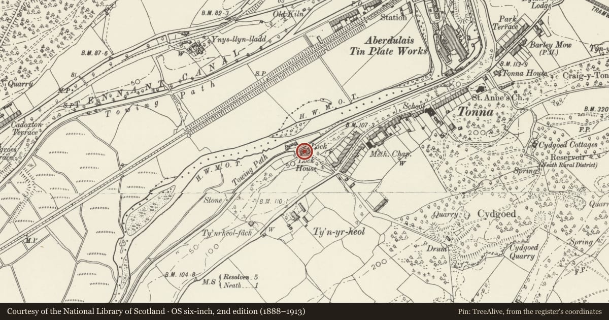 Ordnance Survey six-inch map, 2nd edition (1888–1913) covering the location of Stable at Neath Canal Depot, Tonna, Neath Port Talbot, with a pin at the register's coordinates