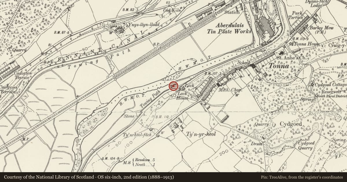 Ordnance Survey six-inch map, 2nd edition (1888–1913) covering the location of Workshop, store and smithy at Neath Canal Depot, Tonna, Neath Port Talbot, with a pin at the register's coordinates