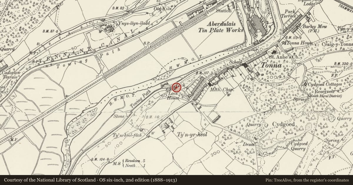 Ordnance Survey six-inch map, 2nd edition (1888–1913) covering the location of Lock House, Tonna, Neath Port Talbot, with a pin at the register's coordinates