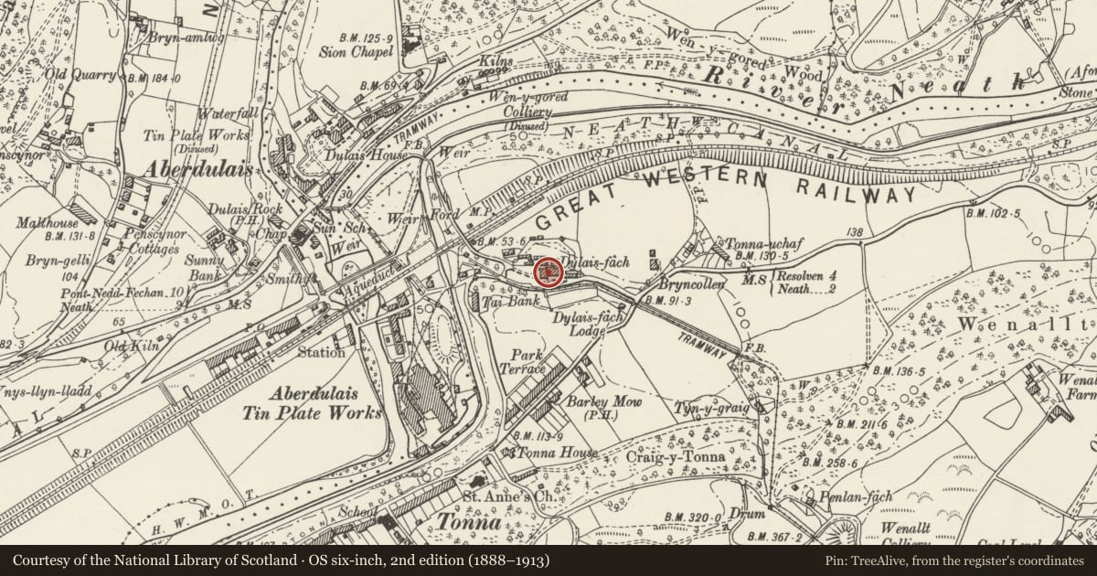 Ordnance Survey six-inch map, 2nd edition (1888–1913) covering the location of Dulais Isaf House, Tonna, Neath Port Talbot, with a pin at the register's coordinates