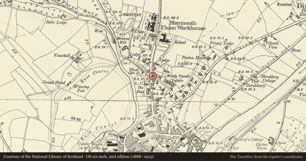 Ordnance Survey six-inch map, 2nd edition (1888–1913) covering the location of 1 Monkswell Road, Monmouth, Monmouthshire, with a pin at the register's coordinates