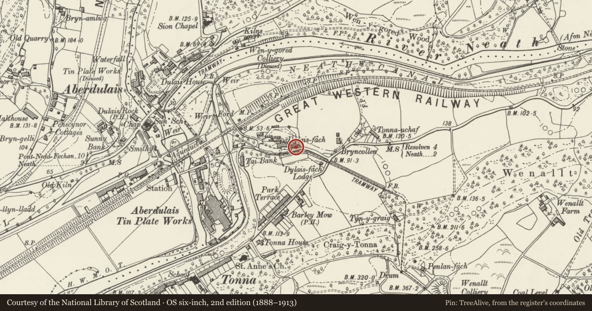 Ordnance Survey six-inch map, 2nd edition (1888–1913) covering the location of 12 Dulais Fach Road, Tonna, Neath Port Talbot, with a pin at the register's coordinates