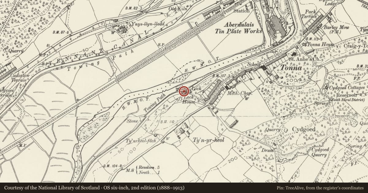 Ordnance Survey six-inch map, 2nd edition (1888–1913) covering the location of Lock and overbridge at Neath Canal Depot, Tonna, Neath Port Talbot, with a pin at the register's coordinates