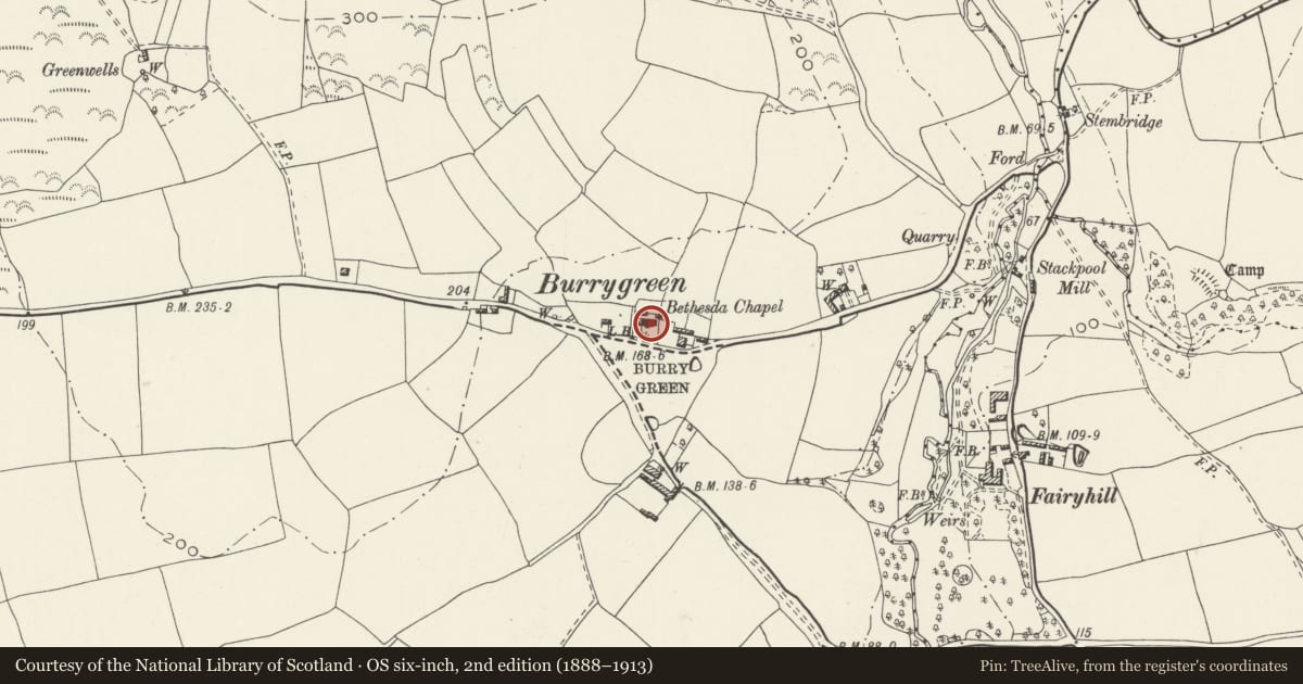 Ordnance Survey six-inch map, 2nd edition (1888–1913) covering the location of Bethesda Presbyterian Chapel, Llangennith, Llanmadoc and Cheriton, Swansea, with a pin at the register's coordinates