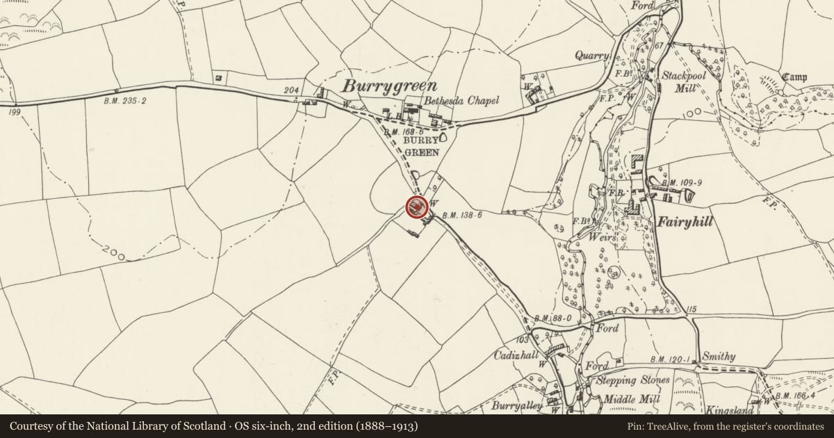 Ordnance Survey six-inch map, 2nd edition (1888–1913) covering the location of Tyle House Farm, Llangennith, Llanmadoc and Cheriton, Swansea, with a pin at the register's coordinates