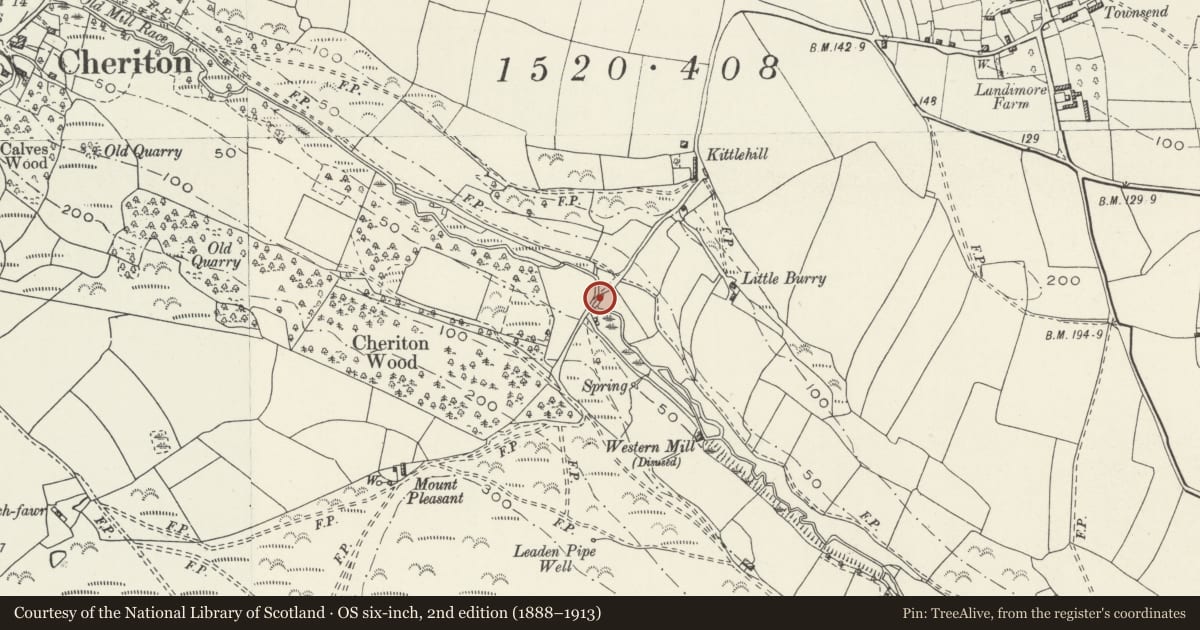 Ordnance Survey six-inch map, 2nd edition (1888–1913) covering the location of Packhorse Bridge over Burry Pill, Llangennith, Llanmadoc and Cheriton, Swansea, with a pin at the register's coordinates