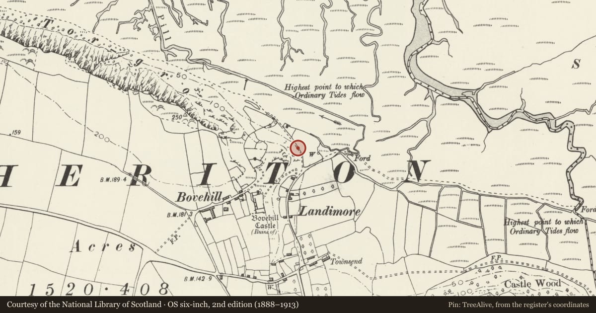 Ordnance Survey six-inch map, 2nd edition (1888–1913) covering the location of Limekiln in Bovehill Wood, Llangennith, Llanmadoc and Cheriton, Swansea, with a pin at the register's coordinates