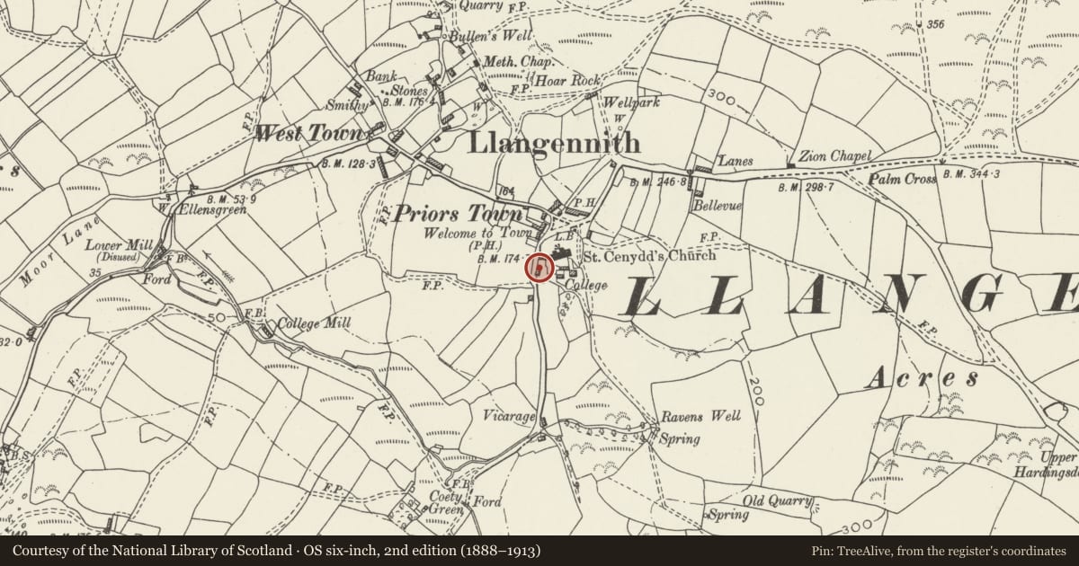 Ordnance Survey six-inch map, 2nd edition (1888–1913) covering the location of Barn attached to Church with Roadside Range, Llangennith, Llanmadoc and Cheriton, Swansea, with a pin at the register's coordinates