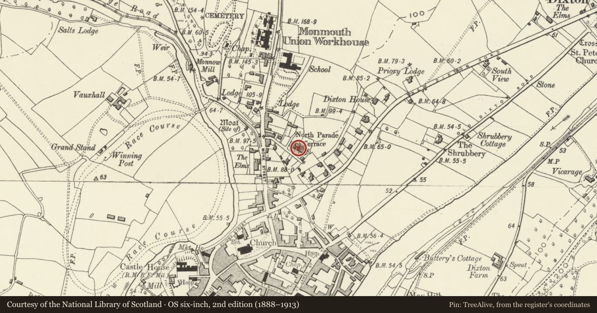 Ordnance Survey six-inch map, 2nd edition (1888–1913) covering the location of 23 Monkswell Road, Monmouth, Monmouthshire, with a pin at the register's coordinates