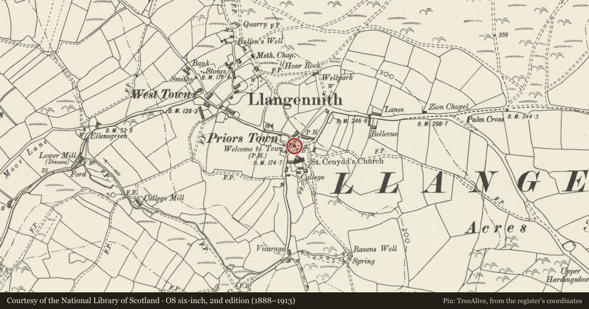 Ordnance Survey six-inch map, 2nd edition (1888–1913) covering the location of Well opposite St Cenydd's Church, Llangennith, Llanmadoc and Cheriton, Swansea, with a pin at the register's coordinates