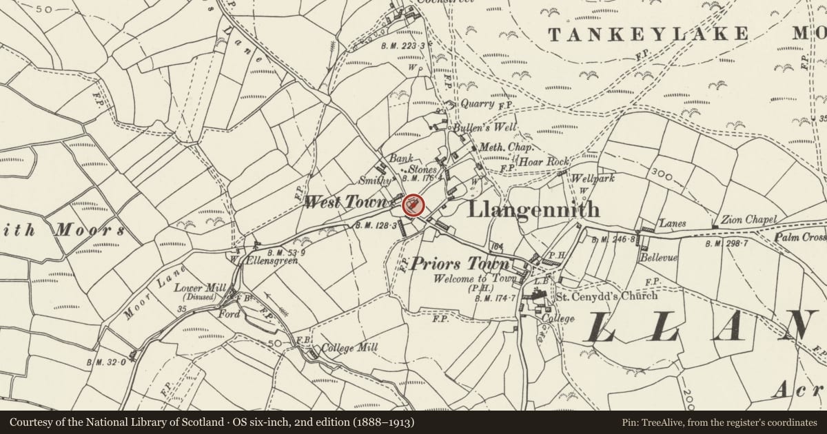 Ordnance Survey six-inch map, 2nd edition (1888–1913) covering the location of Plenty Farmhouse, Llangennith, Llanmadoc and Cheriton, Swansea, with a pin at the register's coordinates