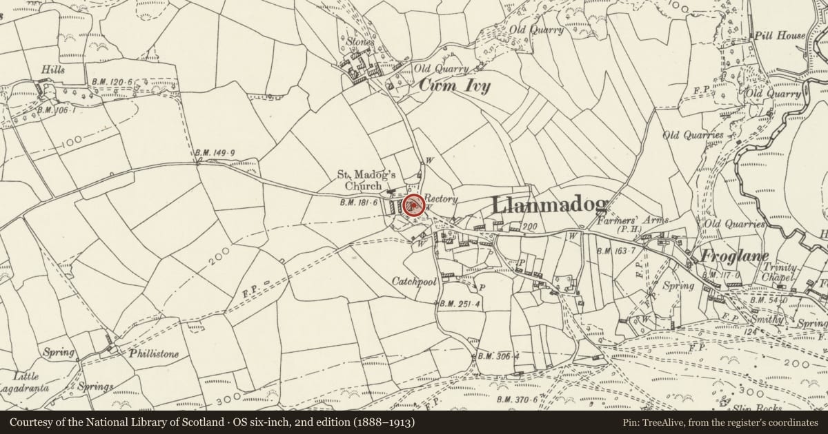 Ordnance Survey six-inch map, 2nd edition (1888–1913) covering the location of The Old Rectory, Llangennith, Llanmadoc and Cheriton, Swansea, with a pin at the register's coordinates