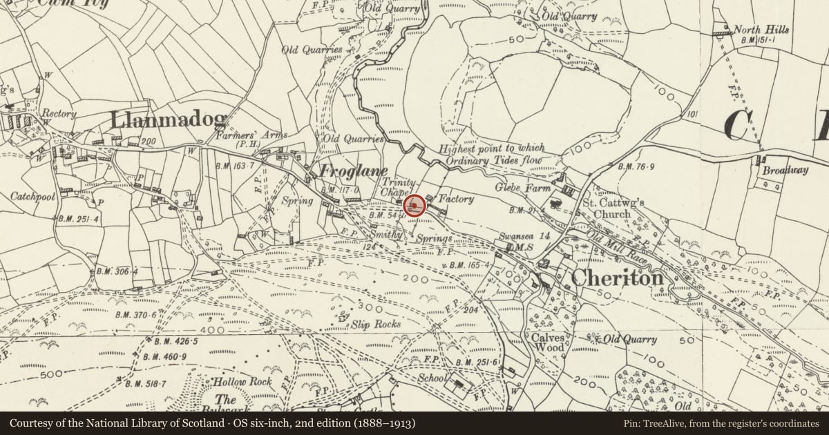 Ordnance Survey six-inch map, 2nd edition (1888–1913) covering the location of Trinity Presbyterian Chapel, Llangennith, Llanmadoc and Cheriton, Swansea, with a pin at the register's coordinates