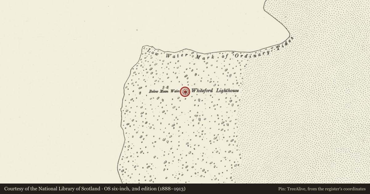 Ordnance Survey six-inch map, 2nd edition (1888–1913) covering the location of Whiteford Lighthouse, Llangennith, Llanmadoc and Cheriton, Swansea, with a pin at the register's coordinates