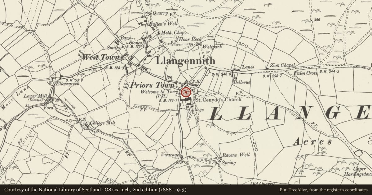 Ordnance Survey six-inch map, 2nd edition (1888–1913) covering the location of St Cenydd's Lychgate, Llangennith, Llanmadoc and Cheriton, Swansea, with a pin at the register's coordinates