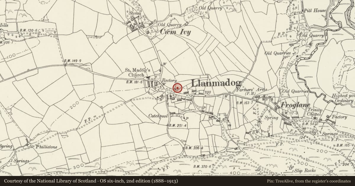 Ordnance Survey six-inch map, 2nd edition (1888–1913) covering the location of Ty Gwyn, Llangennith, Llanmadoc and Cheriton, Swansea, with a pin at the register's coordinates
