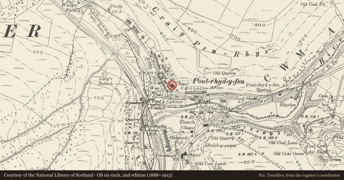 Ordnance Survey six-inch map, 2nd edition (1888–1913) covering the location of Jerusalem Chapel, Pelenna, Neath Port Talbot, with a pin at the register's coordinates