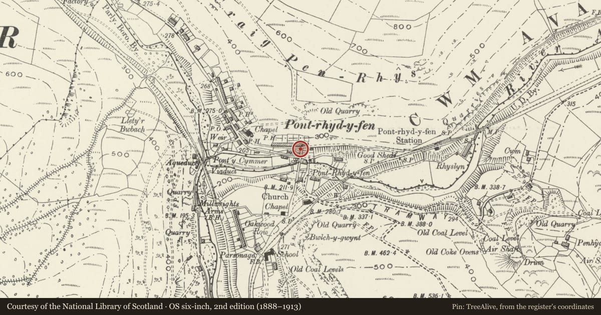Ordnance Survey six-inch map, 2nd edition (1888–1913) covering the location of Bont Fawr Aqueduct (partly in Cwmavon community), Pelenna, Neath Port Talbot, with a pin at the register's coordinates