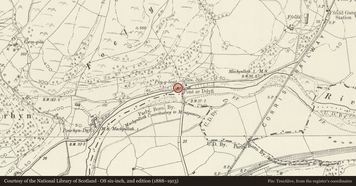 Ordnance Survey six-inch map, 2nd edition (1888–1913) covering the location of Dovey Cottage, Pen-y-bont Cottages, Corris, Gwynedd, with a pin at the register's coordinates