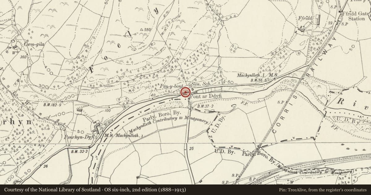 Ordnance Survey six-inch map, 2nd edition (1888–1913) covering the location of Pen-y-bont Cottages, Corris, Gwynedd, with a pin at the register's coordinates
