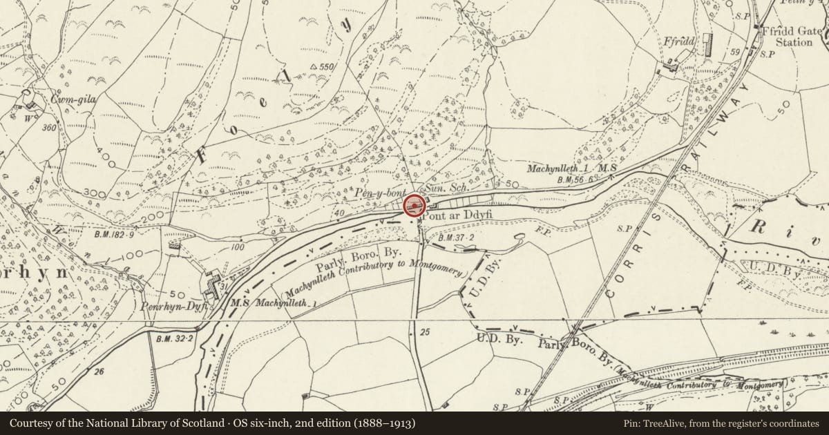 Ordnance Survey six-inch map, 2nd edition (1888–1913) covering the location of Pen-y-bont Cottages, Corris, Gwynedd, with a pin at the register's coordinates