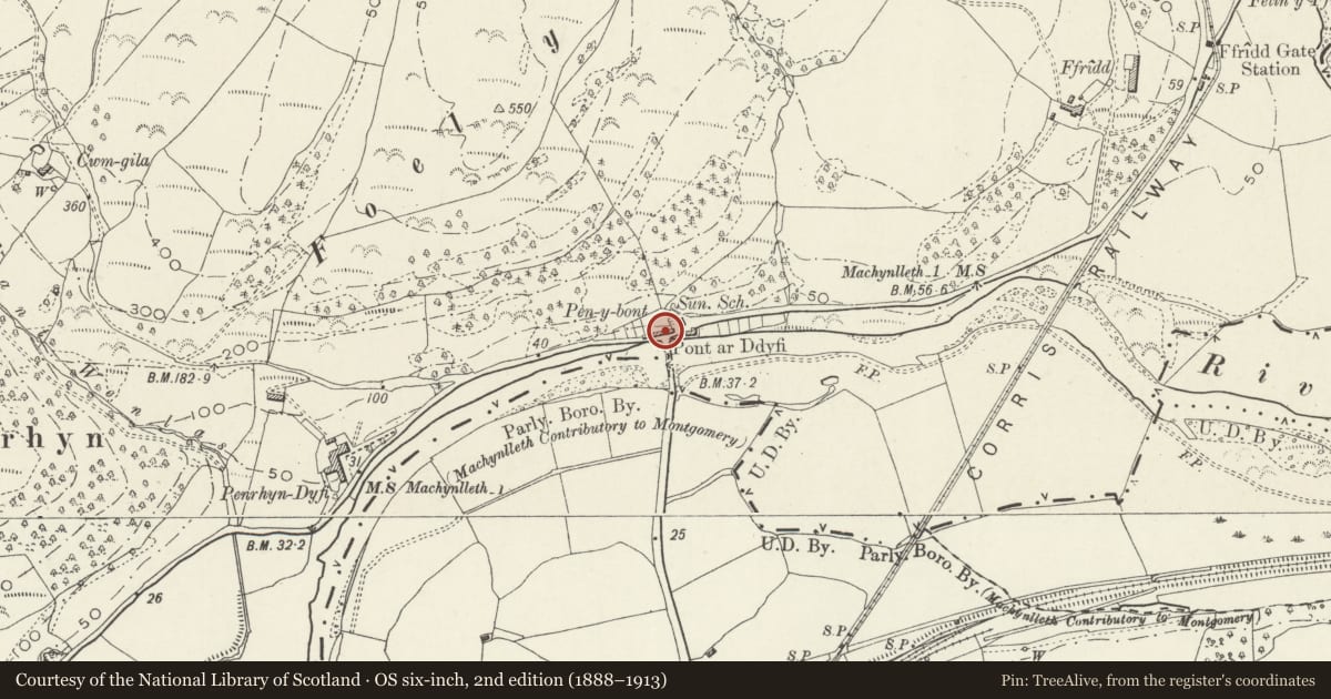 Ordnance Survey six-inch map, 2nd edition (1888–1913) covering the location of Pen-y-bont Cottages, Corris, Gwynedd, with a pin at the register's coordinates