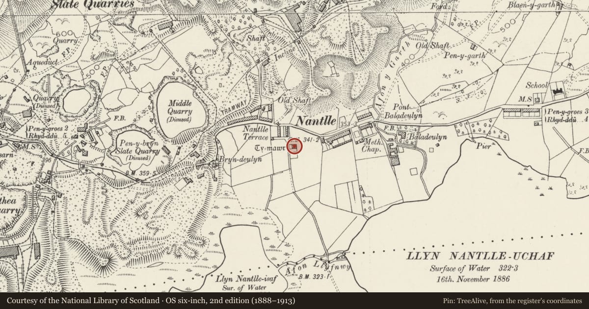 Ordnance Survey six-inch map, 2nd edition (1888–1913) covering the location of Ty Mawr, Llanllyfni, Gwynedd, with a pin at the register's coordinates