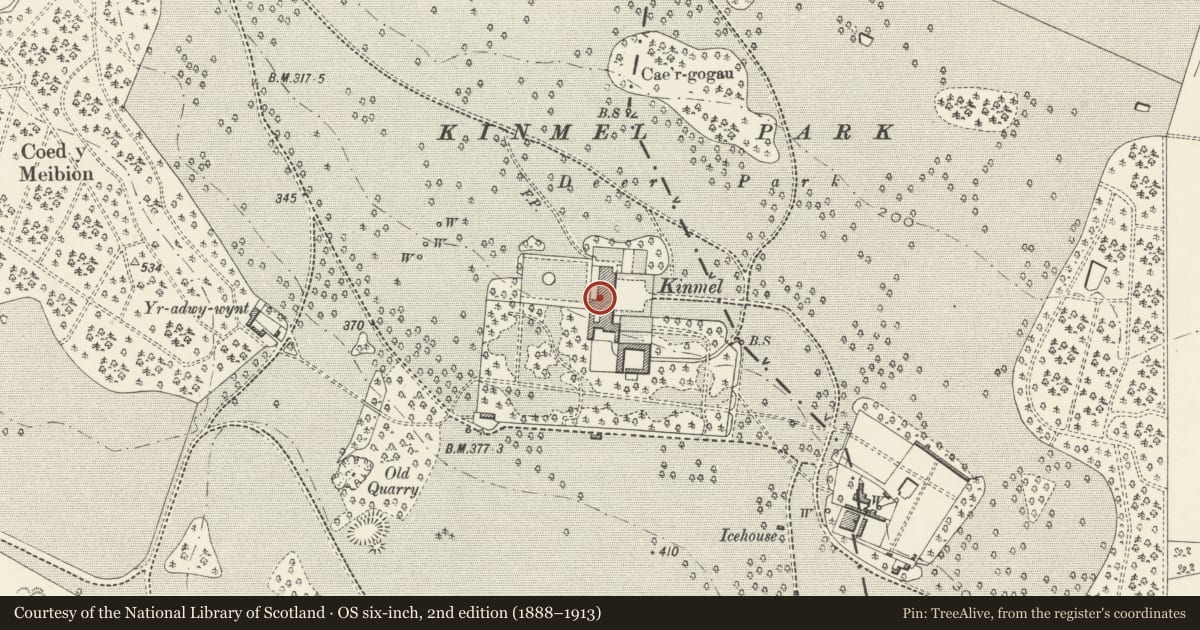 Ordnance Survey six-inch map, 2nd edition (1888–1913) covering the location of Kinmel, Abergele, Conwy, with a pin at the register's coordinates
