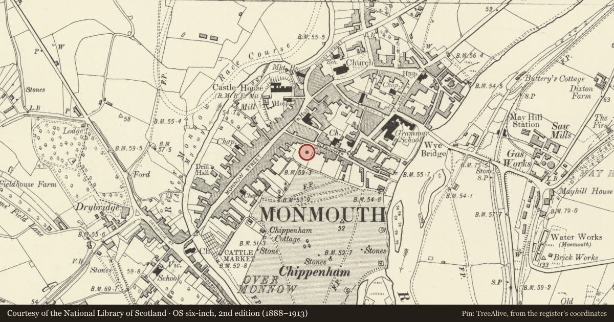 Ordnance Survey six-inch map, 2nd edition (1888–1913) covering the location of Lord Nelson's Seat in Nelson's Garden, Monmouth, Monmouthshire, with a pin at the register's coordinates