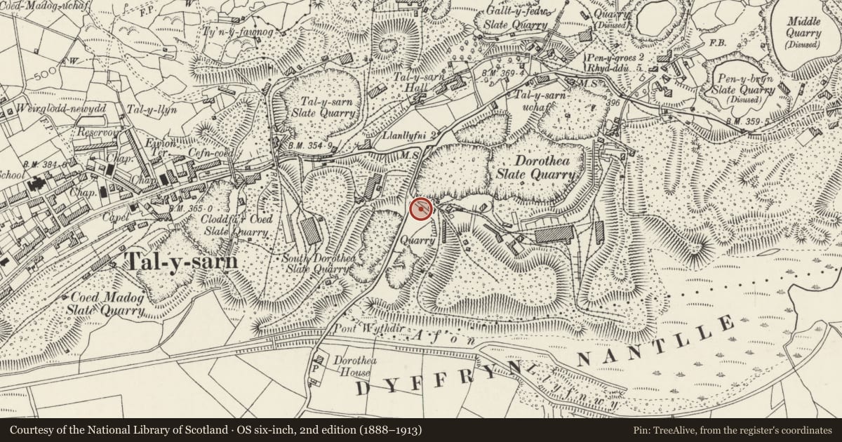 Ordnance Survey six-inch map, 2nd edition (1888–1913) covering the location of Engine House, Boilerhouse, Bunker and remains of chimney to south, Llanllyfni, Gwynedd, with a pin at the register's coordinates