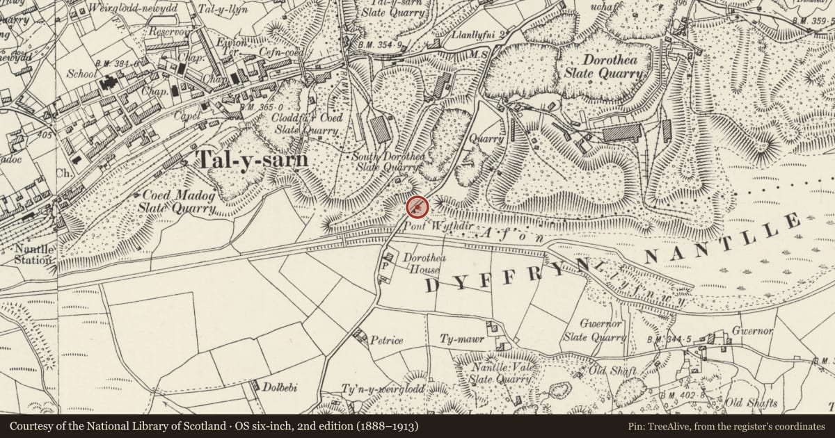 Ordnance Survey six-inch map, 2nd edition (1888–1913) covering the location of Causeway, Llanllyfni, Gwynedd, with a pin at the register's coordinates