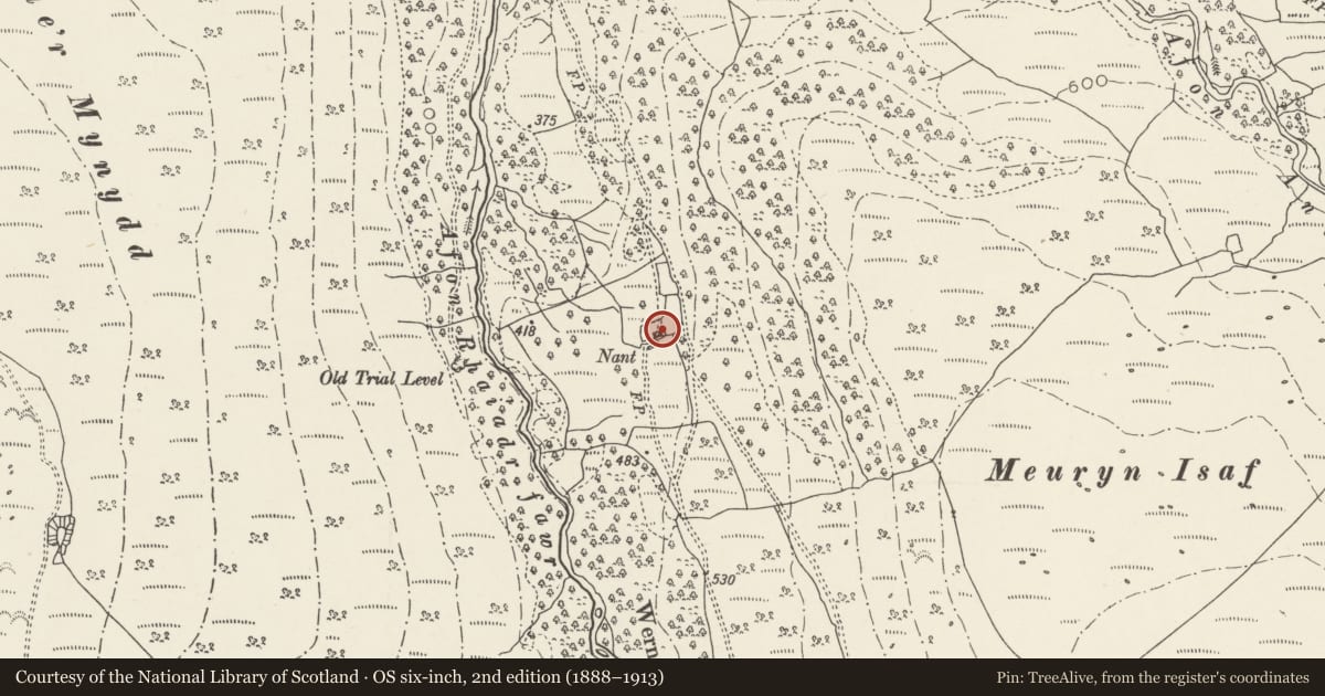 Ordnance Survey six-inch map, 2nd edition (1888–1913) covering the location of Nant Rhaeadr, Aber, Gwynedd, with a pin at the register's coordinates