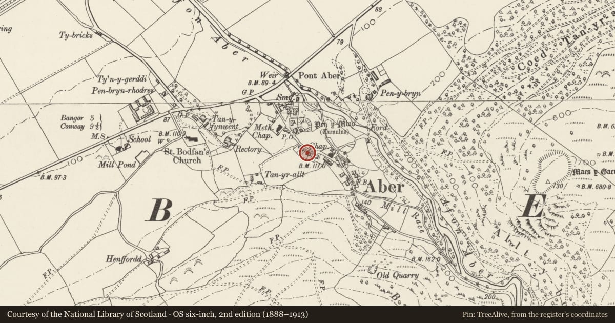 Ordnance Survey six-inch map, 2nd edition (1888–1913) covering the location of Tyn-y-buarth, Aber, Gwynedd, with a pin at the register's coordinates