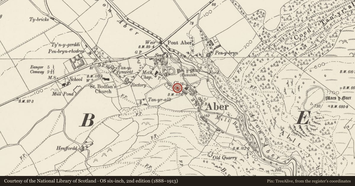 Ordnance Survey six-inch map, 2nd edition (1888–1913) covering the location of Bryn Hyfryd, Aber, Gwynedd, with a pin at the register's coordinates