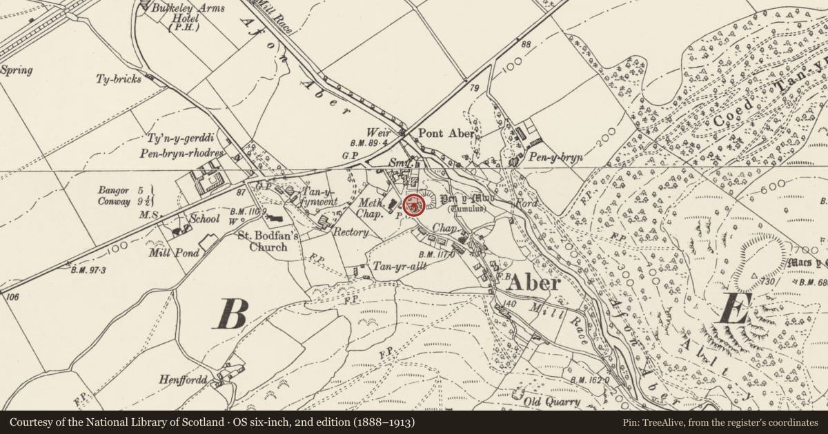 Ordnance Survey six-inch map, 2nd edition (1888–1913) covering the location of Tan-y-bryn, Aber, Gwynedd, with a pin at the register's coordinates