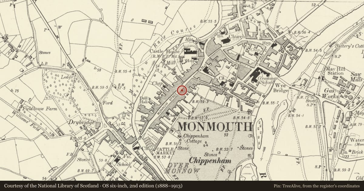 Ordnance Survey six-inch map, 2nd edition (1888–1913) covering the location of 40 Monnow Street, Monmouth, Monmouthshire, with a pin at the register's coordinates