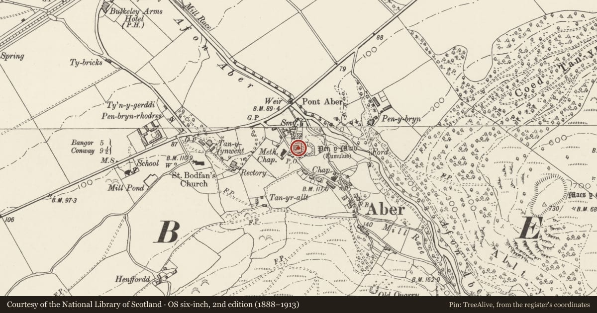 Ordnance Survey six-inch map, 2nd edition (1888–1913) covering the location of Tan-y-dderwen, Aber, Gwynedd, with a pin at the register's coordinates