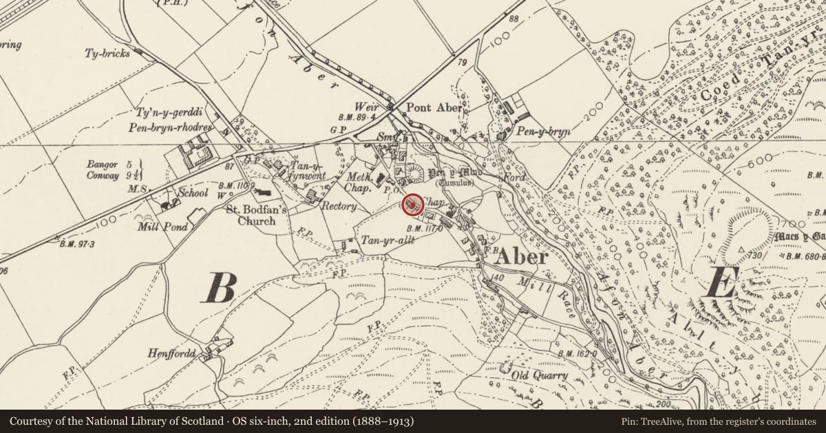 Ordnance Survey six-inch map, 2nd edition (1888–1913) covering the location of Ddol Cottages, Aber, Gwynedd, with a pin at the register's coordinates